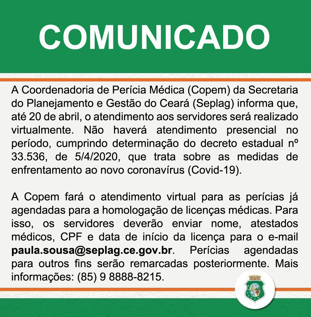 Coordenadoria de Perícias Médicas atenderá virtualmente até 20 de abril
